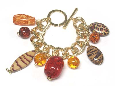 Multi shape glass bead and animal pattern charm large chain toggle bracelet