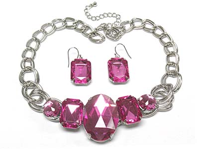 Big glass stone crystal deco chain necklace and earring set