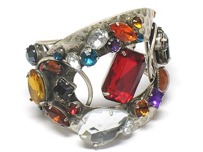 Multi shape big glass stone  and crystal deco metal bangle