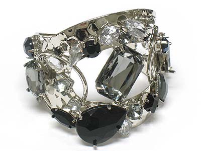 Multi shape big glass stone  and crystal deco metal bangle