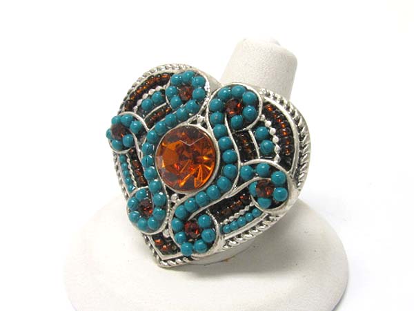 Crystal and seed beads deco heart stretch ring