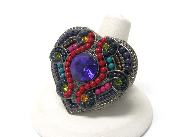 Crystal and seed beads deco heart stretch ring