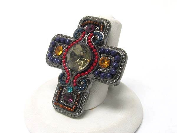 Crystal and seed beads deco cross stretch ring