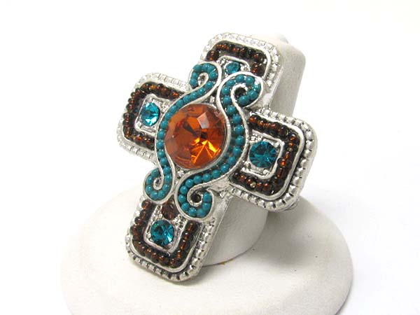 Crystal and seed beads deco cross stretch ring