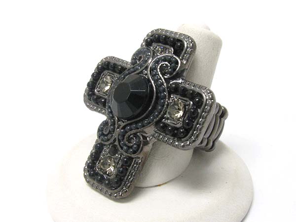 Crystal and seed beads deco cross stretch ring