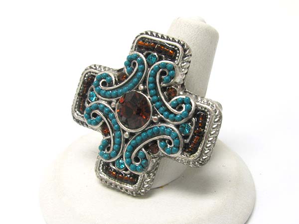 Crystal and seed beads deco cross stretch ring