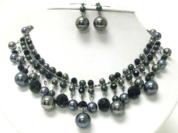 Multi pearl beads dangle and glass beads necklace earring set