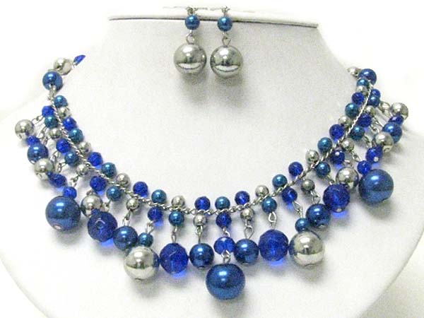 Multi pearl beads dangle and glass beads necklace earring set