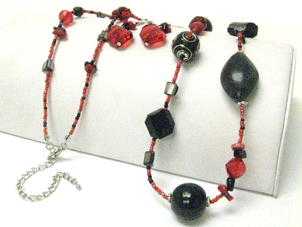 Mixed beads and stone long necklace earring set