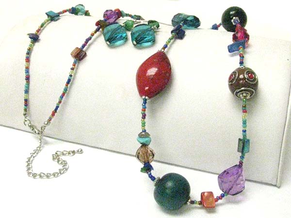 Mixed beads and stone long necklace earring set