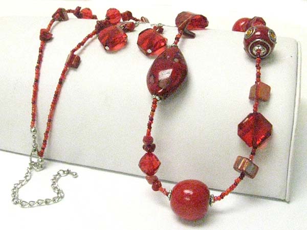 Mixed beads and stone long necklace earring set