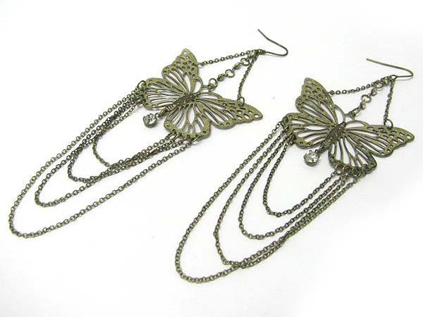 Metal butterfly and chain hanging crystal dangle earring