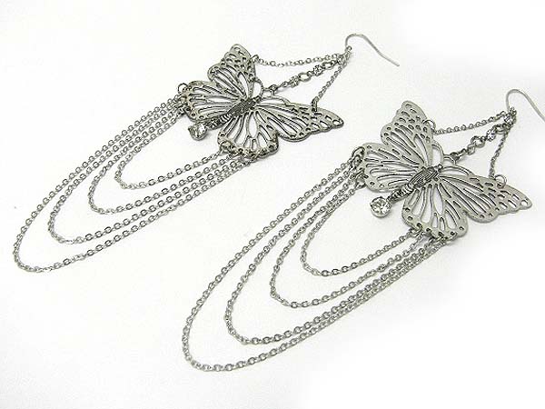 Metal butterfly and chain hanging crystal dangle earring