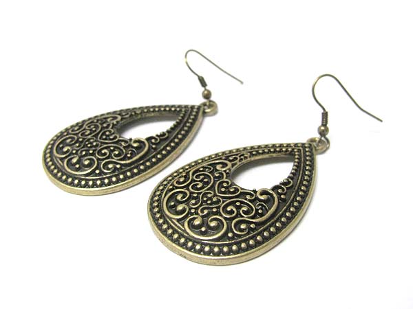 Textured metal tear drop disk earring 