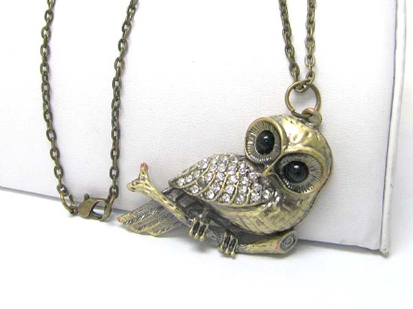 Crystal stud owl pendant long chain necklace