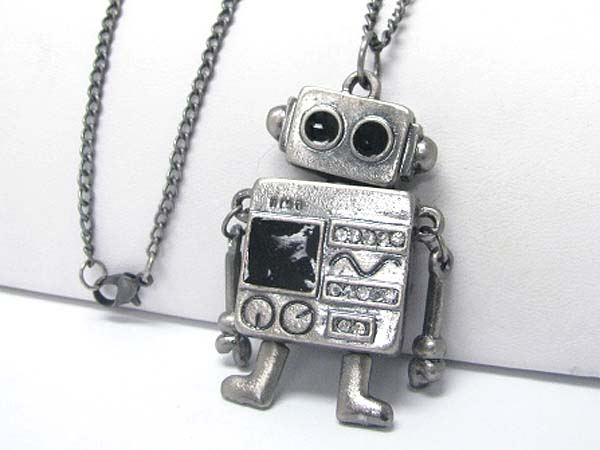 Burnish metal robot puppet pendant long chain necklace