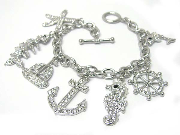 Crystal nautical theme charm dangle toggle bracelet