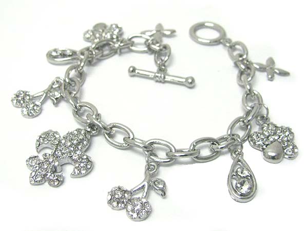 Crystal fleur de lis and cherry charm dangle toggle bracelet