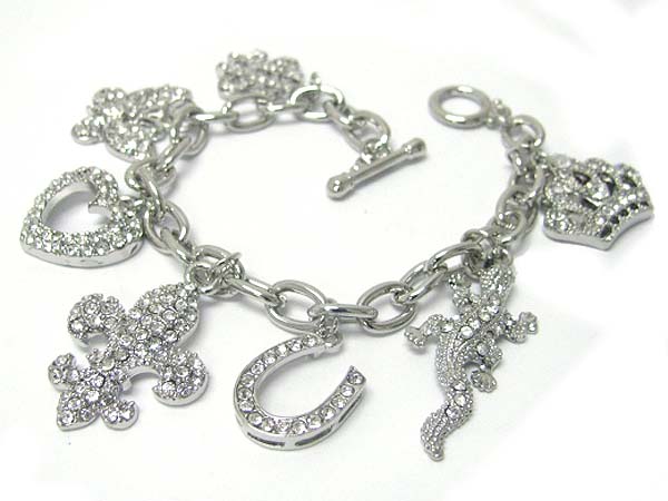 Crystal mixed charm dangle toggle bracelet