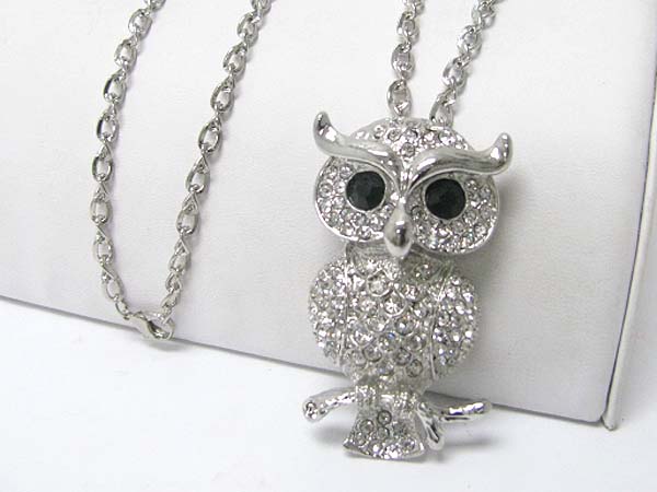 Crystal stud owl pendant long chain necklace