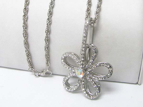 Crystal stud flower pendant long chain necklace