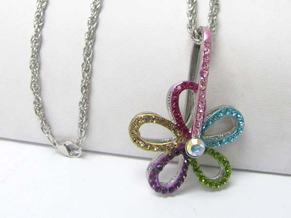 Crystal stud flower pendant long chain necklace