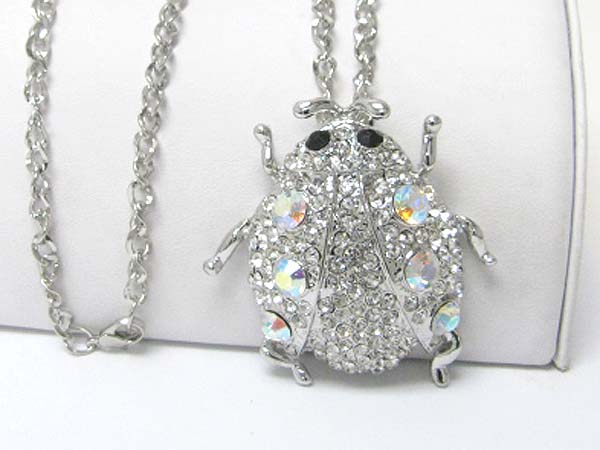 Crystal stud large bug pendant long chain necklace