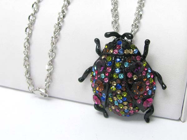 Crystal stud large bug pendant long chain necklace