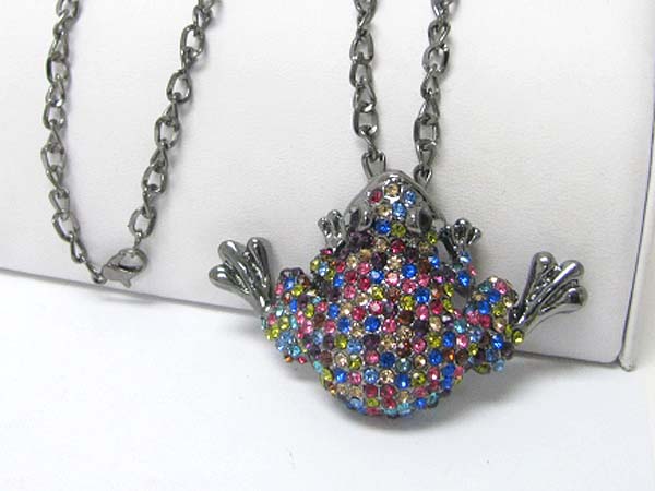 Crystal stud large frog pendant long chain necklace