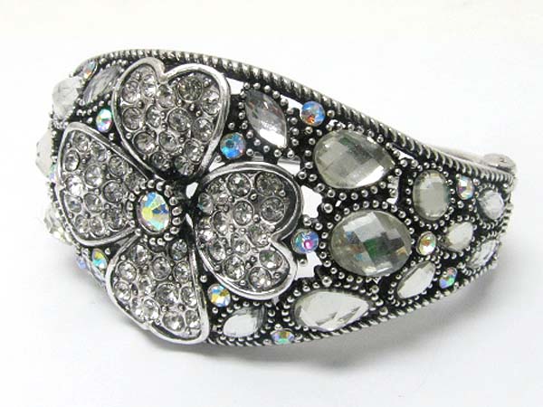 Crystal and facet glass metal flower deco hinge bangle