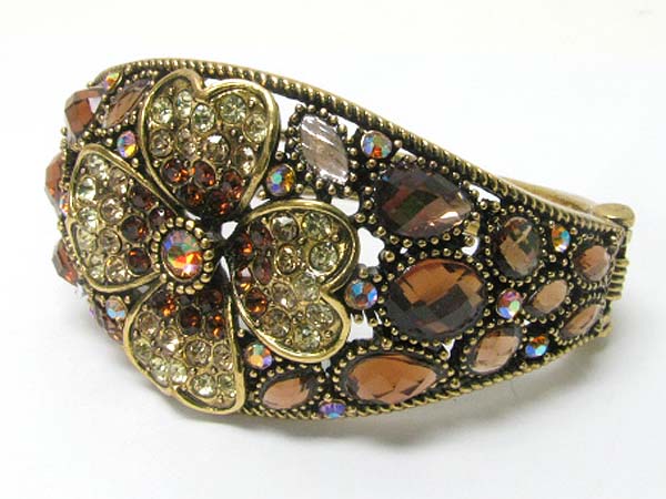 Crystal and facet glass metal flower deco hinge bangle