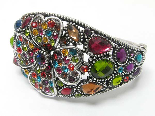 Crystal and facet glass metal flower deco hinge bangle