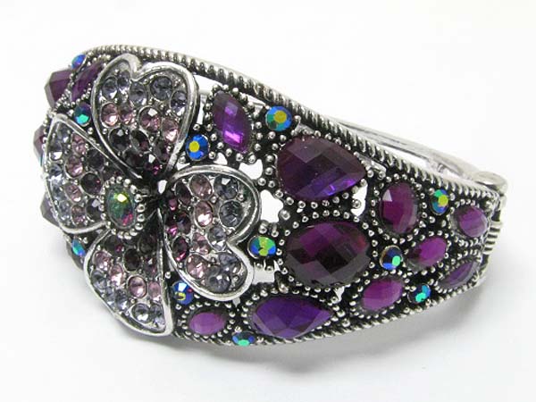 Crystal and facet glass metal flower deco hinge bangle