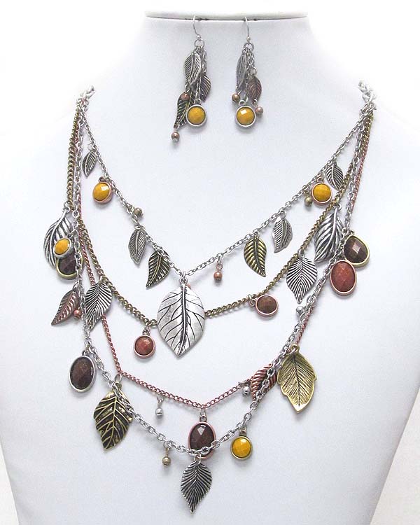 Multi leaf and facet acrylic stone drop multi layered chain necklace earring set