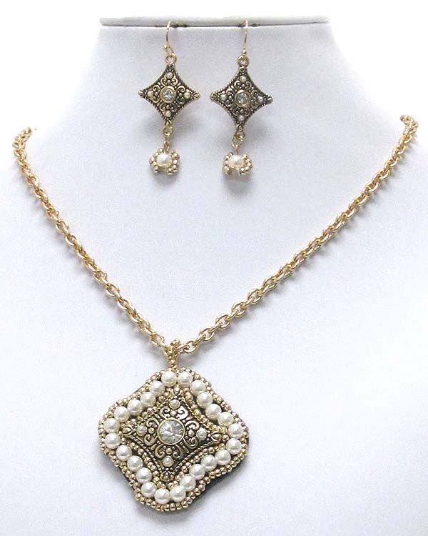 Crystal center and pearl deco on leatherett back pendant necklace earring set