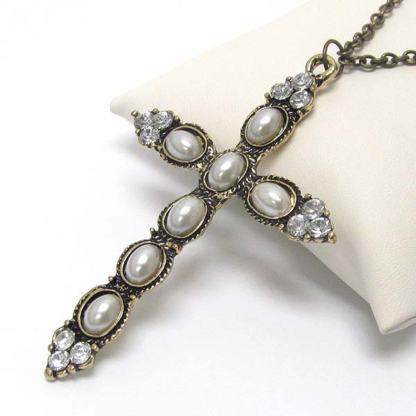 Crystal and pearl deco cross pendant necklace