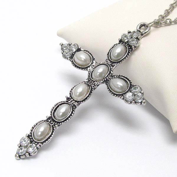 Crystal and pearl deco cross pendant necklace