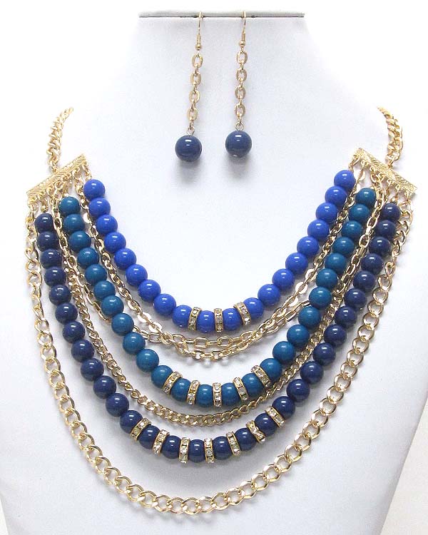 Crystal rondelle and acrylic ball mix multi layer chain necklace earring set