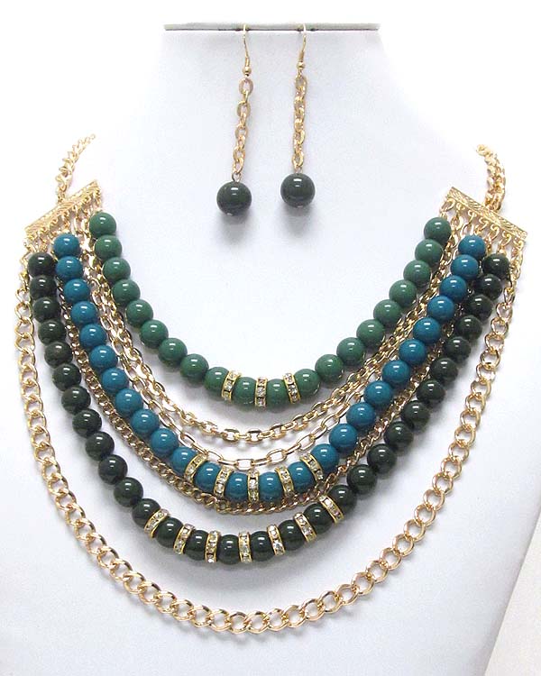 Crystal rondelle and acrylic ball mix multi layer chain necklace earring set