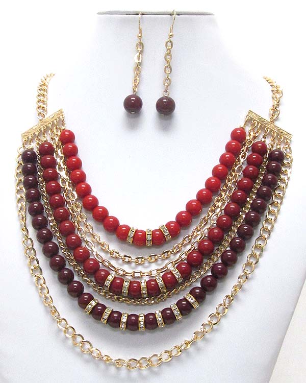 Crystal rondelle and acrylic ball mix multi layer chain necklace earring set