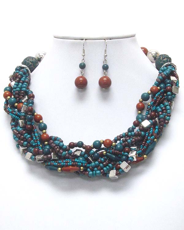 Multi metal square and seed bead mix and twist necklace earring set