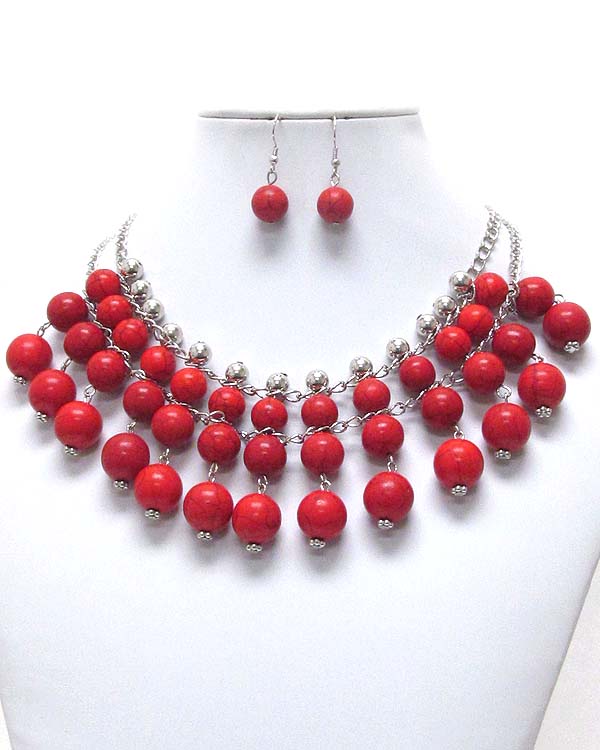 Coral ball stone drop bib necklace earring set