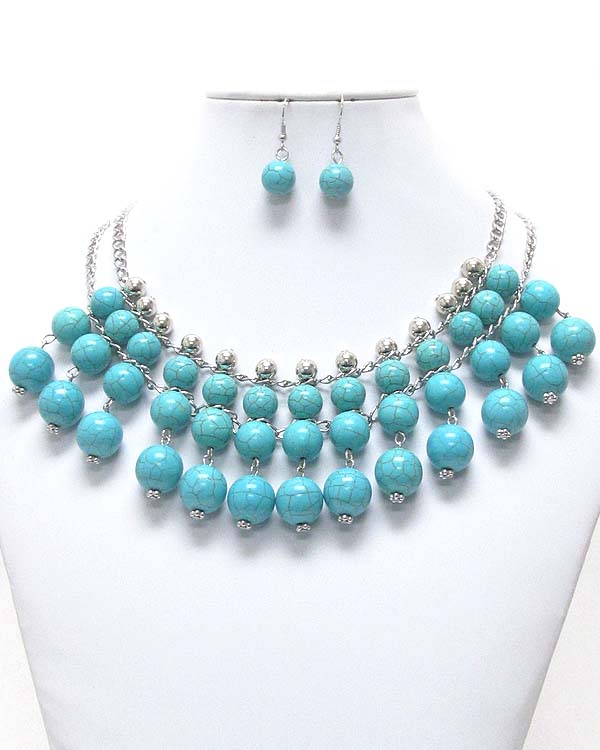 Turquoise ball stone drop bib necklace earring set