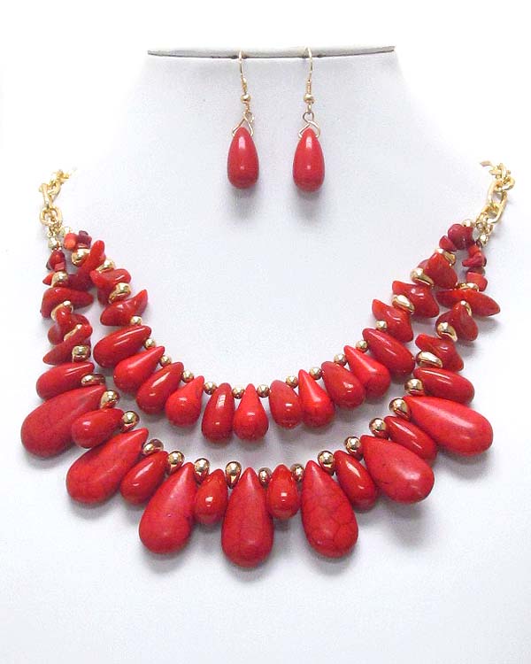 Double layer multi coral teardrop necklace earring set