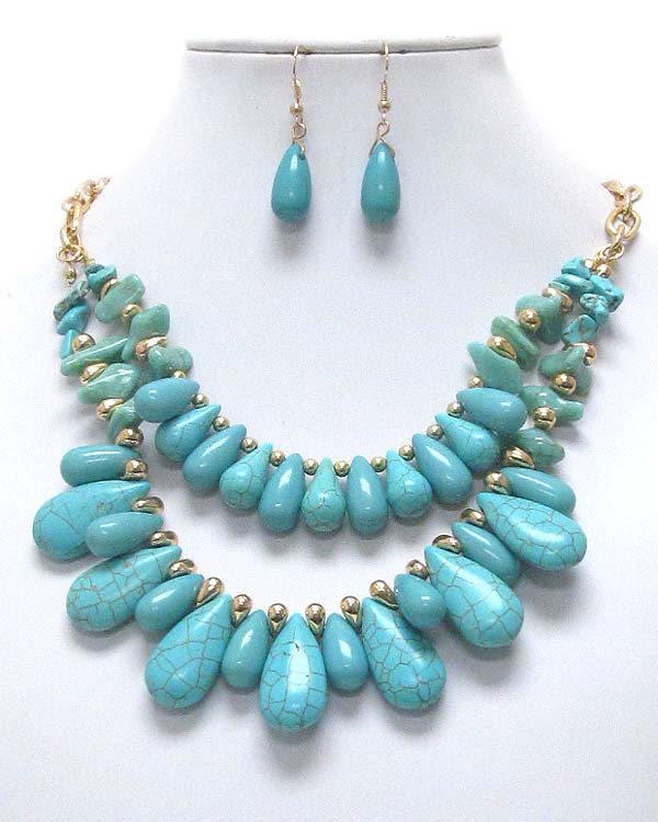 Double layer multi turquoise teardrop necklace earring set