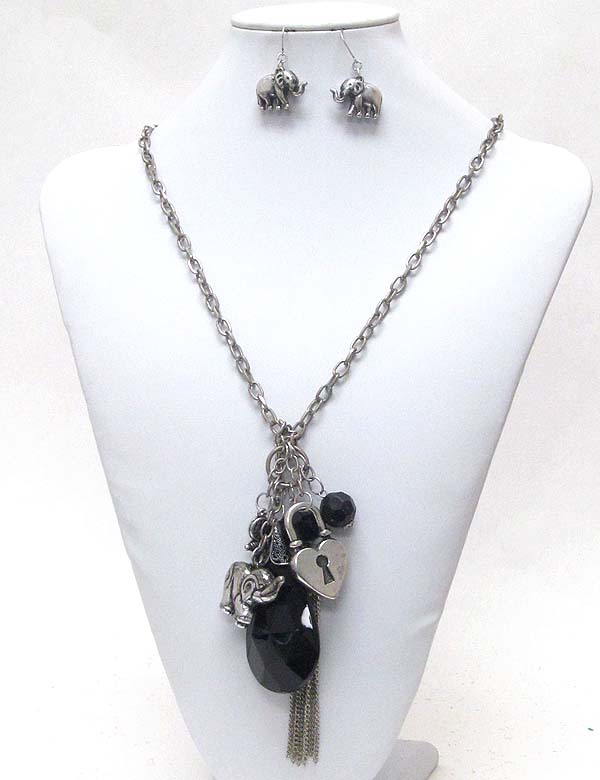 Facet teardrop and elephant and heart lock and tassel drop necklace earring set