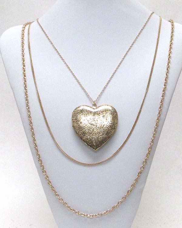 Vintage heart locket and 3 layer chain drop necklace