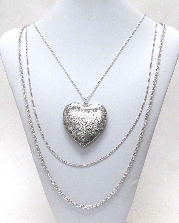 Vintage heart locket and 3 layer chain drop necklace