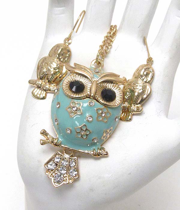 Crystal and epoxy deco puffy owl vintage necklace earring set