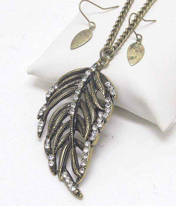 Crystal deco vintage leaf pendant long necklace earring set